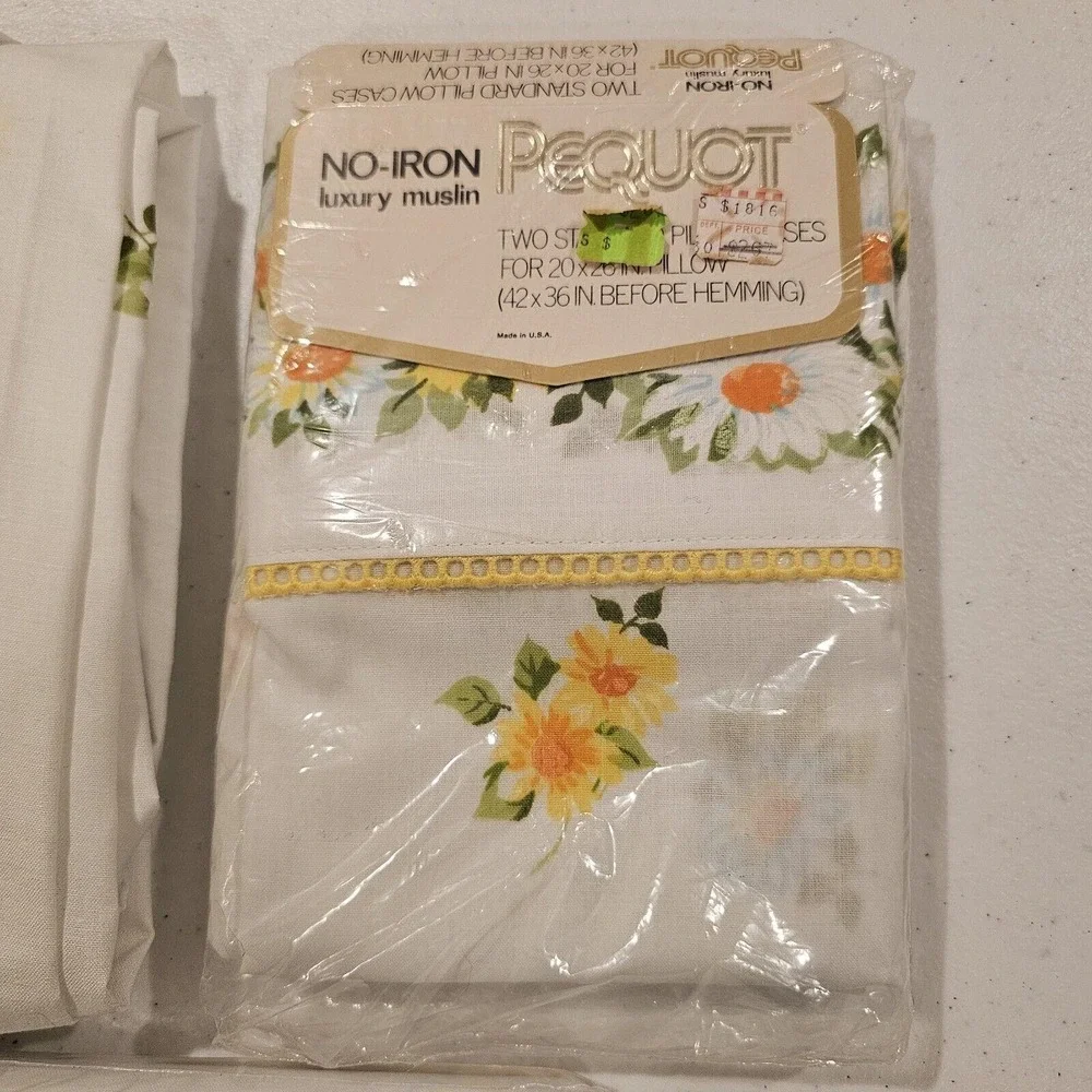 Vintage Pequot Maytime Twin Flat Sheet & 2 Pillowcases Set Yellow Daisy Floral